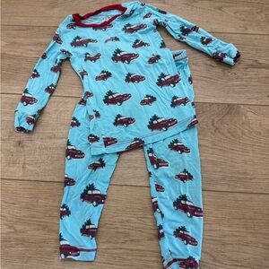 Kickee Pants Blue Pajama Set with Red Christmas Truck Print